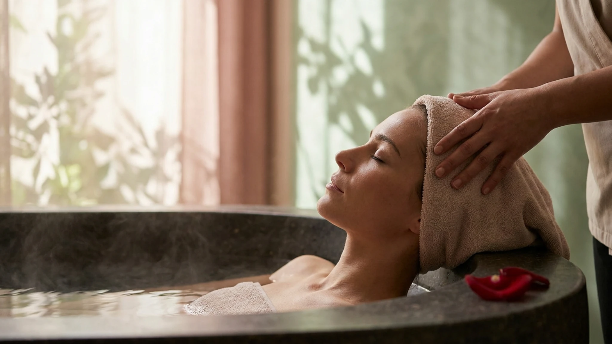 Warm blush-lit head-spa atmosphere — steam rising from still water